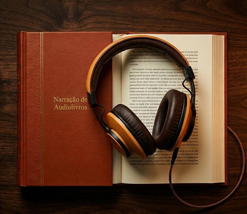 um fone de ouvido sobre um livro de capa dura onde se lê o título 'Narração de Audiolivros'