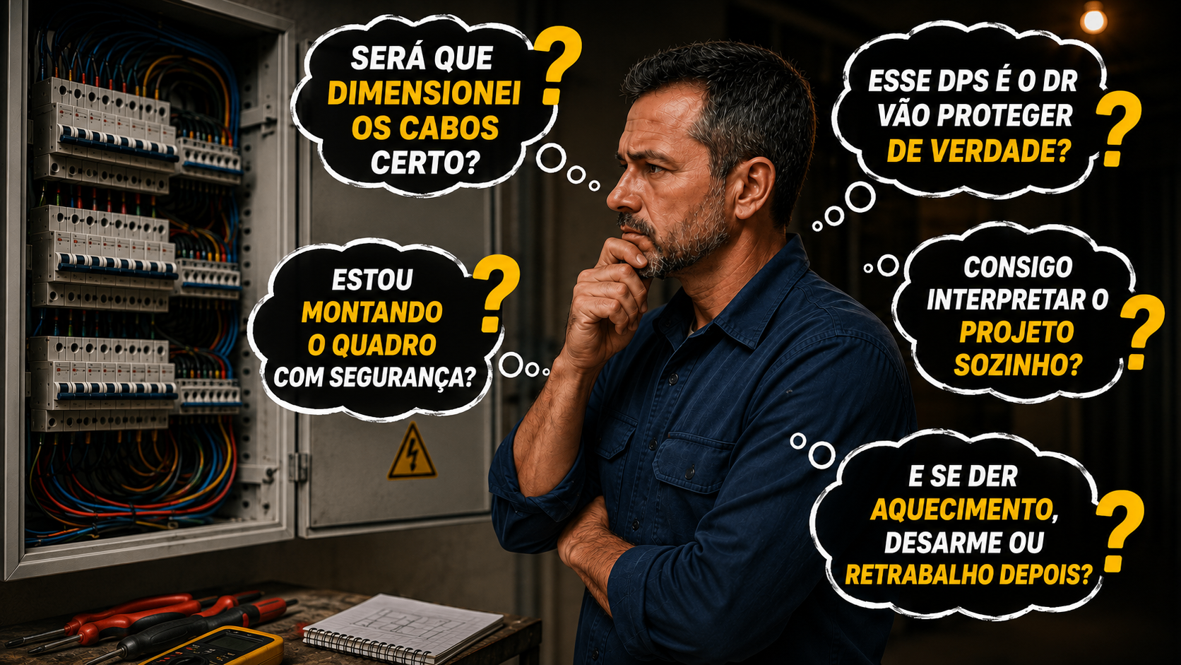Eletricista com expressão de dúvida