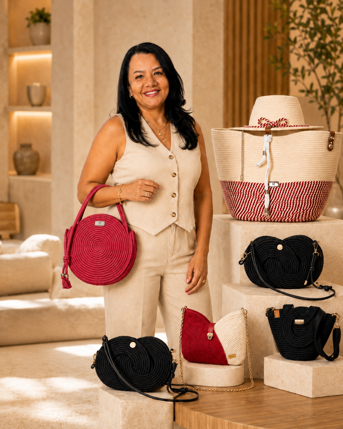 Claudia Peres segurando uma de suas bolsas artesanais em corda