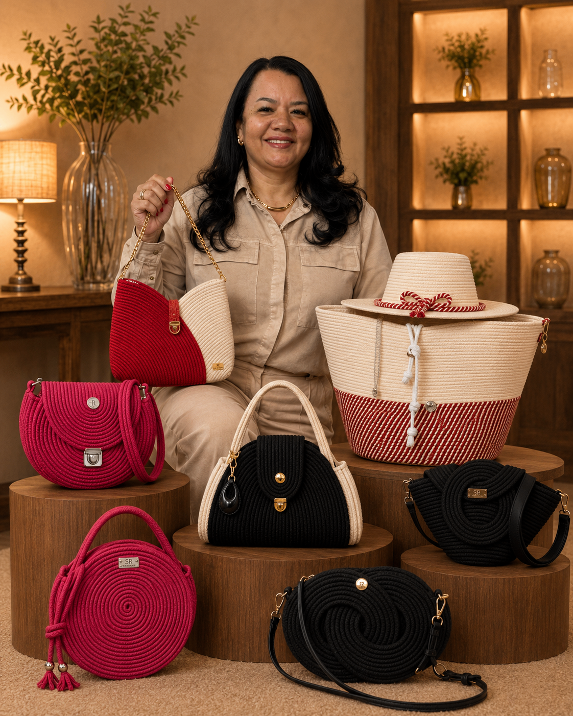 Claudia Peres com a coleção completa de bolsas artesanais em corda