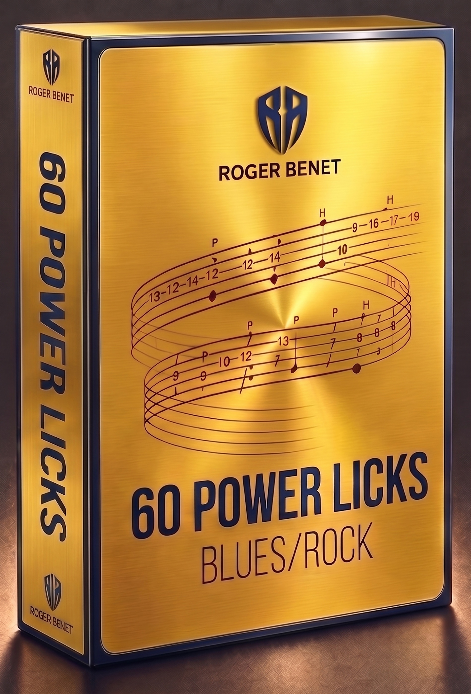 Mockup do pack 60 Power Licks Blues/Rock com caixa dourada, recursos inclusos e identidade Roger Benet