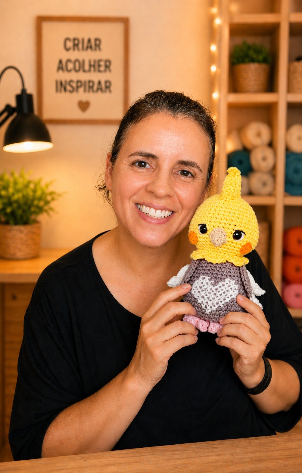 Foto da Calopsita Jojo em amigurumi