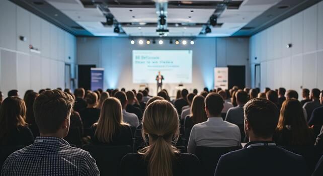 Palestrante motivacional em um evento corporativo.