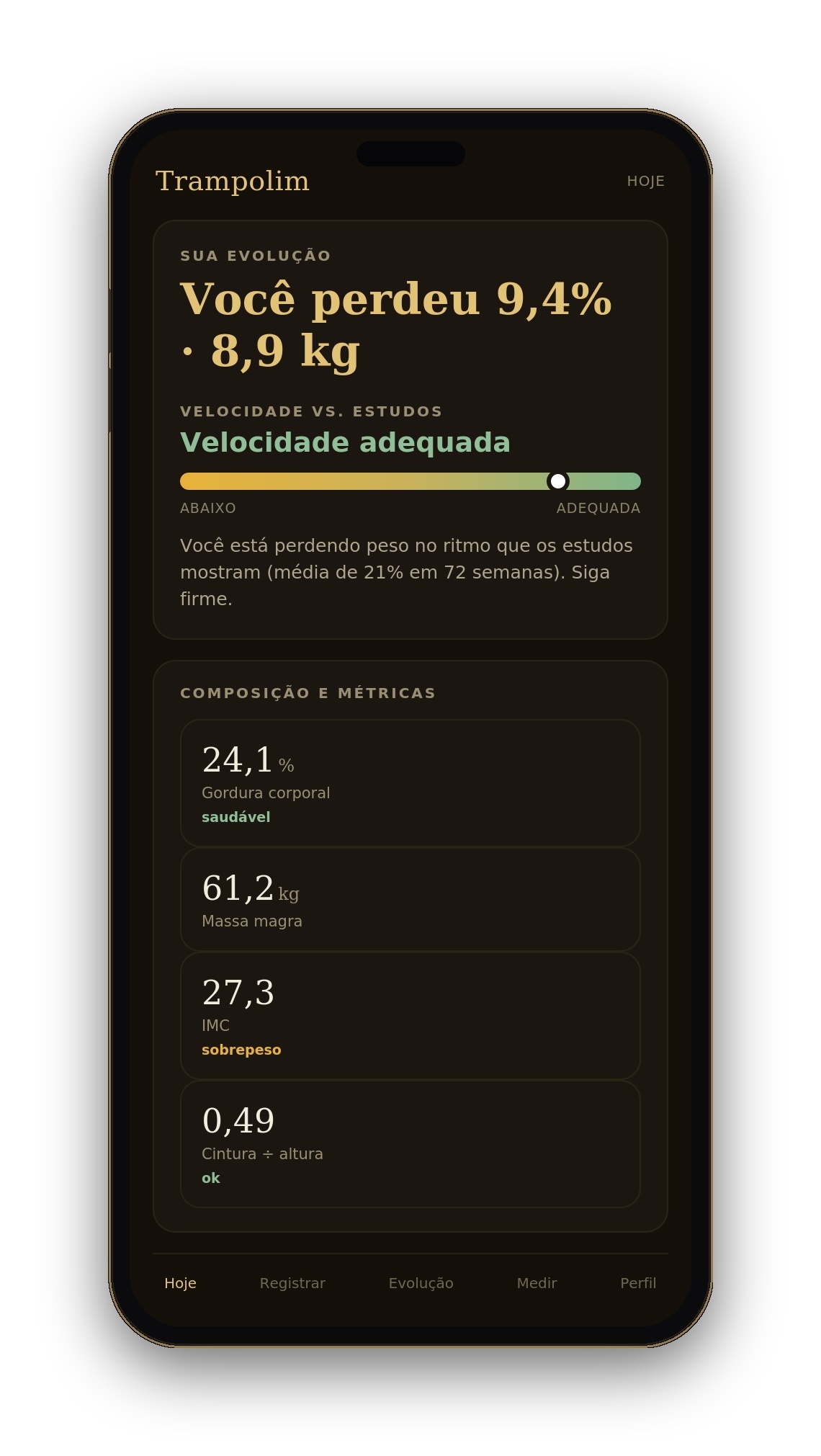 Interface do Trampolim mostrando gráficos de composição corporal em um celular.