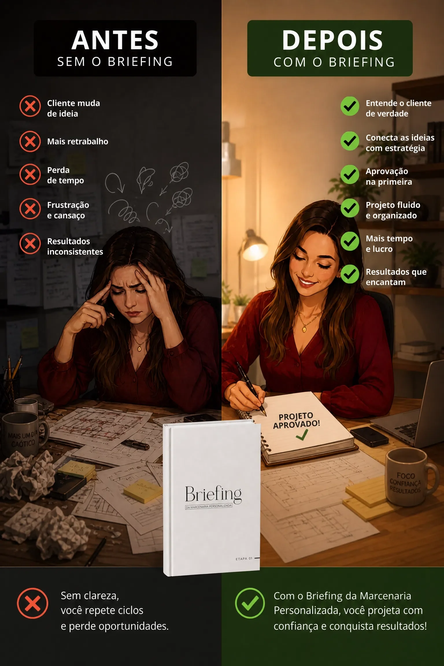 Profissional sem o briefing vs profissional com o briefing