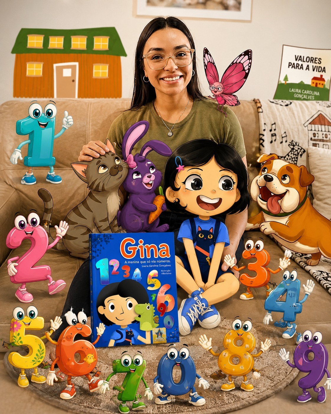 Criança lendo um livro com entusiasmo, rodeada de personagens animados