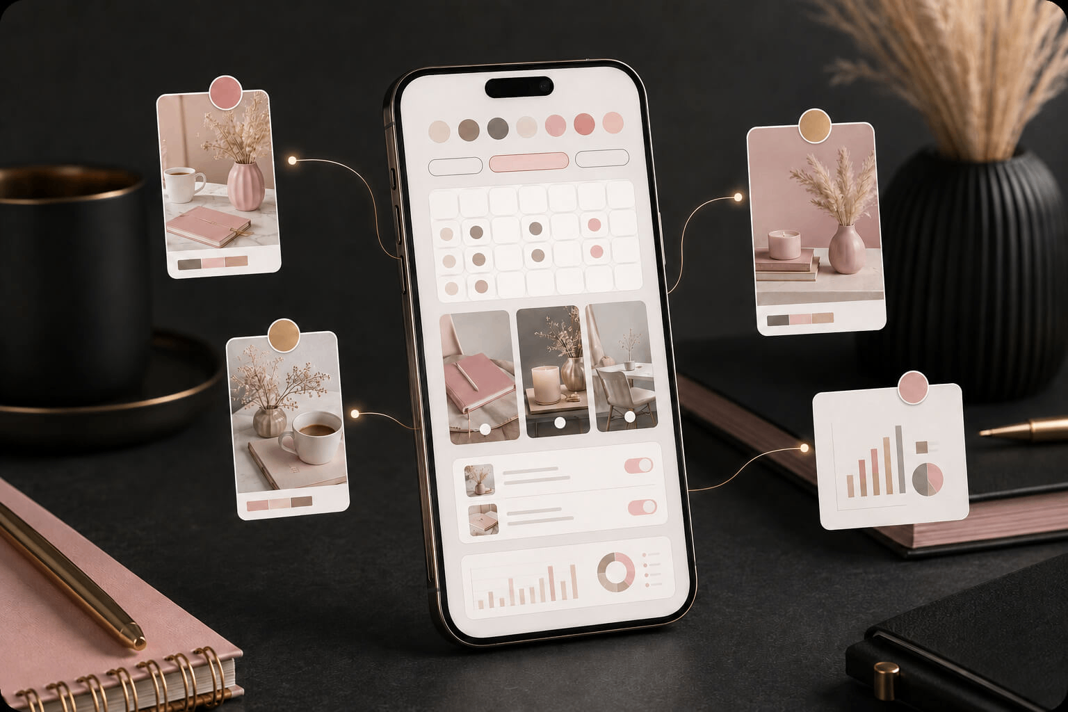 Mão segurando celular com aplicativos de gestão