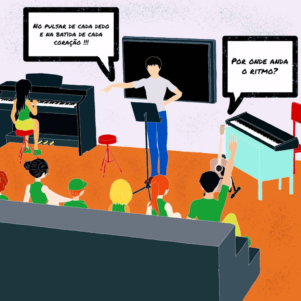 Alunos aprendendo teclado em aula