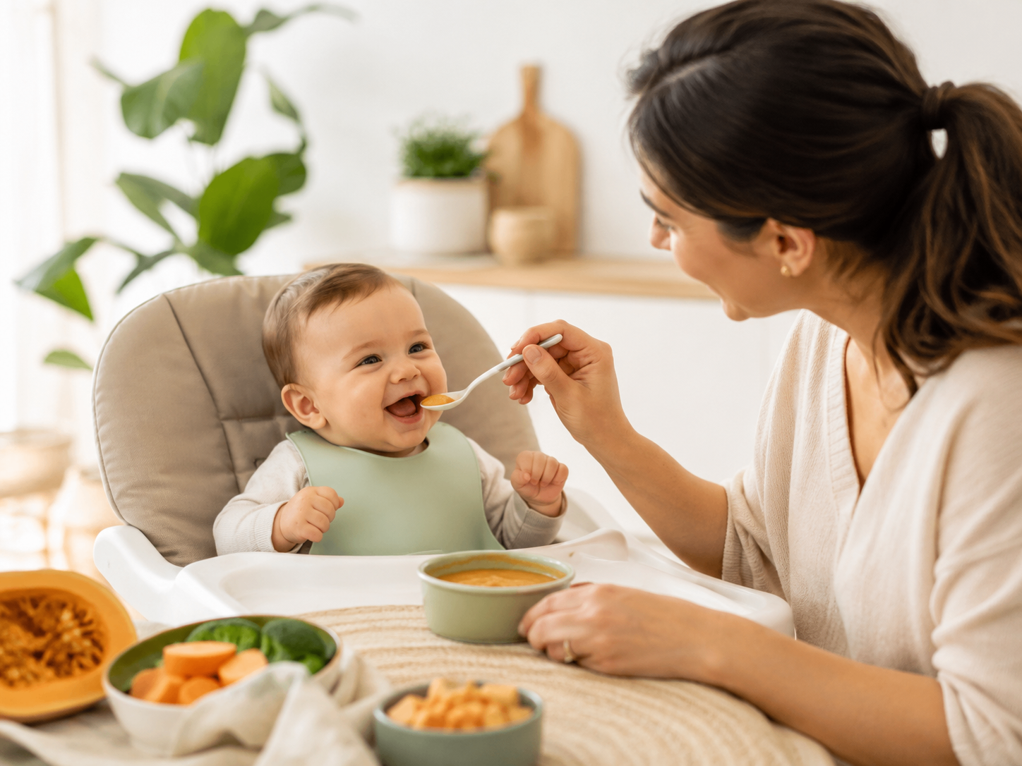 Mãe feliz alimentando seu bebê