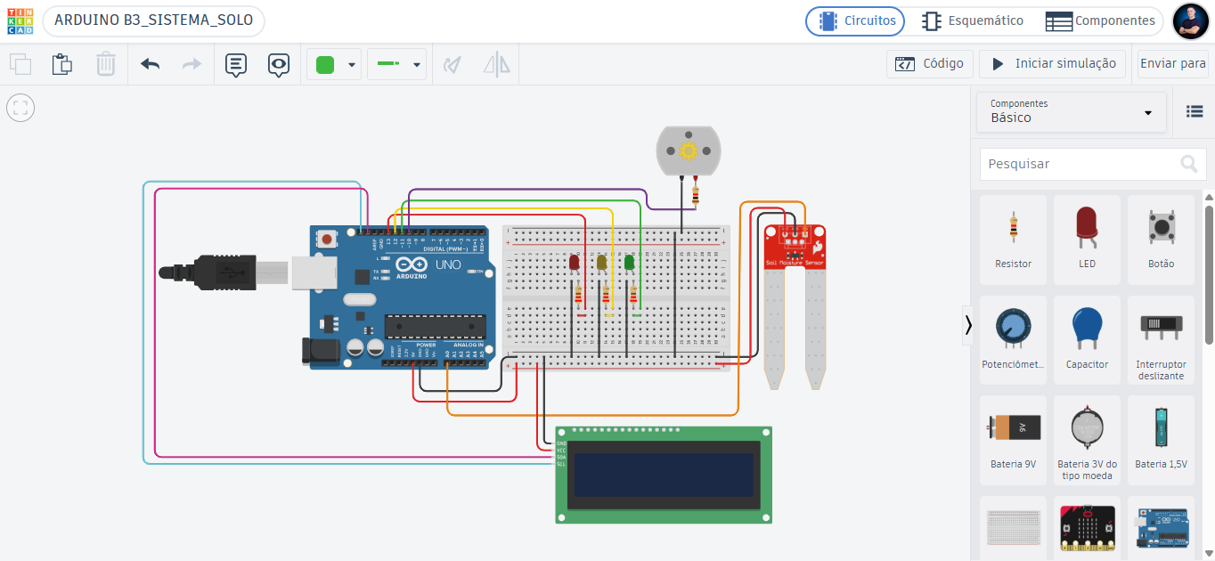 Ambiente do Tinkercad com projeto de Arduino aberto