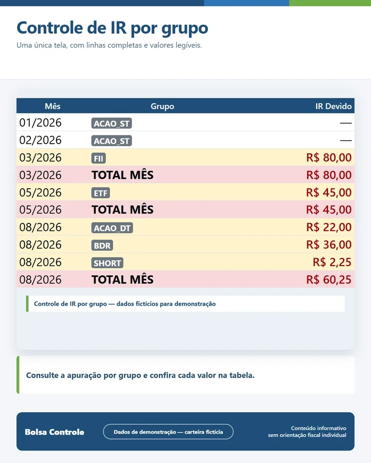 Resultados para apoio à apuração do imposto de renda no Bolsa Controle