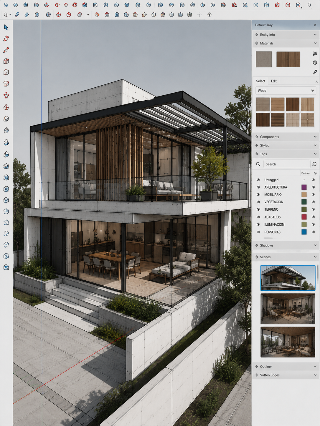 Escena de SketchUp en proceso de modelado