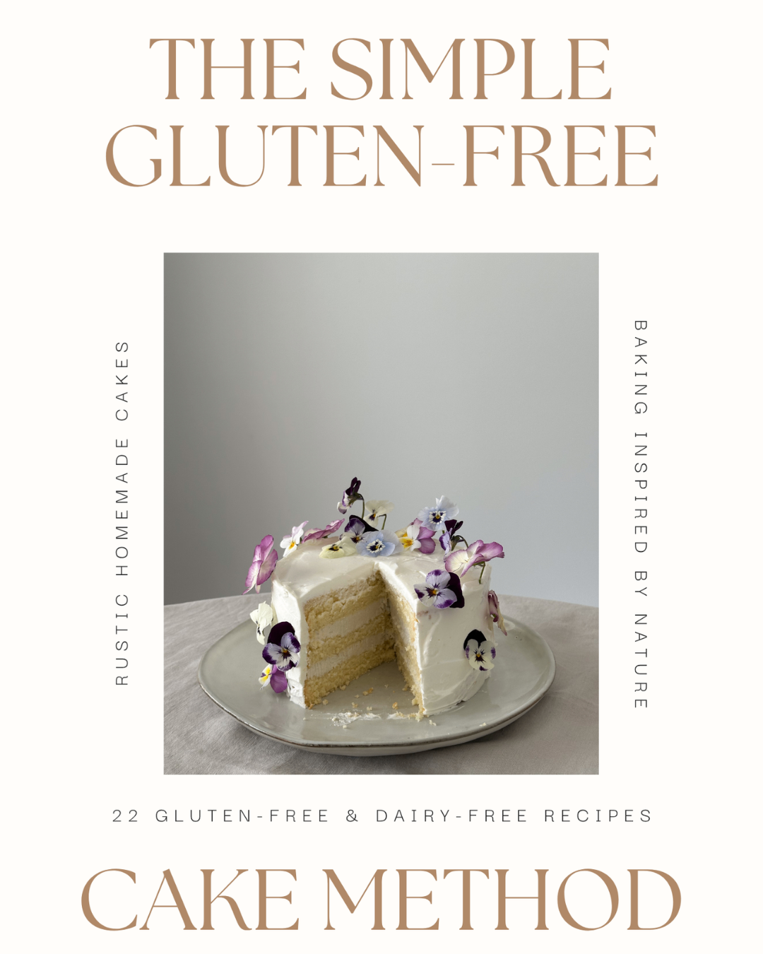The Simple Gluten-Free Cake Method E-book Cover, a plate with a cake decorated with flowers