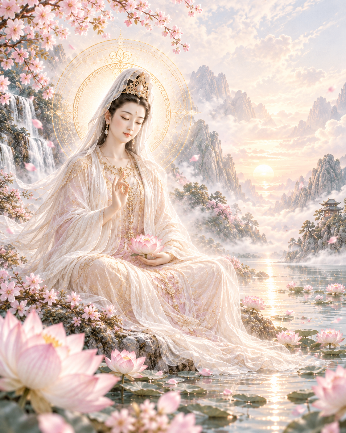 Referência simbólica de Kwan Yin com delicadeza e luminosidade