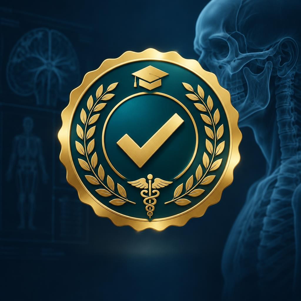 Selo dourado de garantia com um sinal de confirmado, sobre fundo azul com radiografia de crânio.