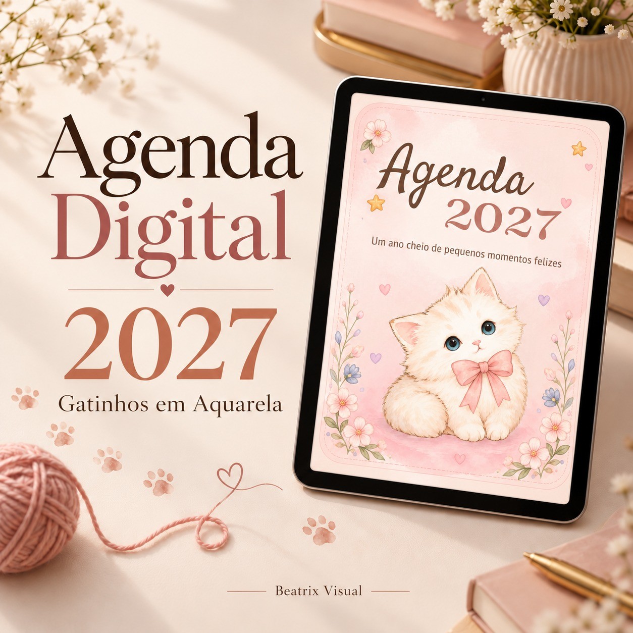 Capa e prévias da Agenda Digital 2027 Gatinhos em Aquarela