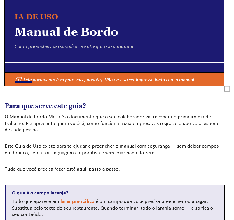 Manual de Bordo Mesa interior